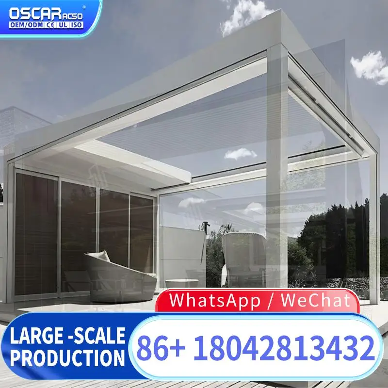 Smart Waterproof Louvered Roof Luxury Modern Pergola Bioclimatic Louvered Structure with Zipped Blinds for Garden Patio Backyard