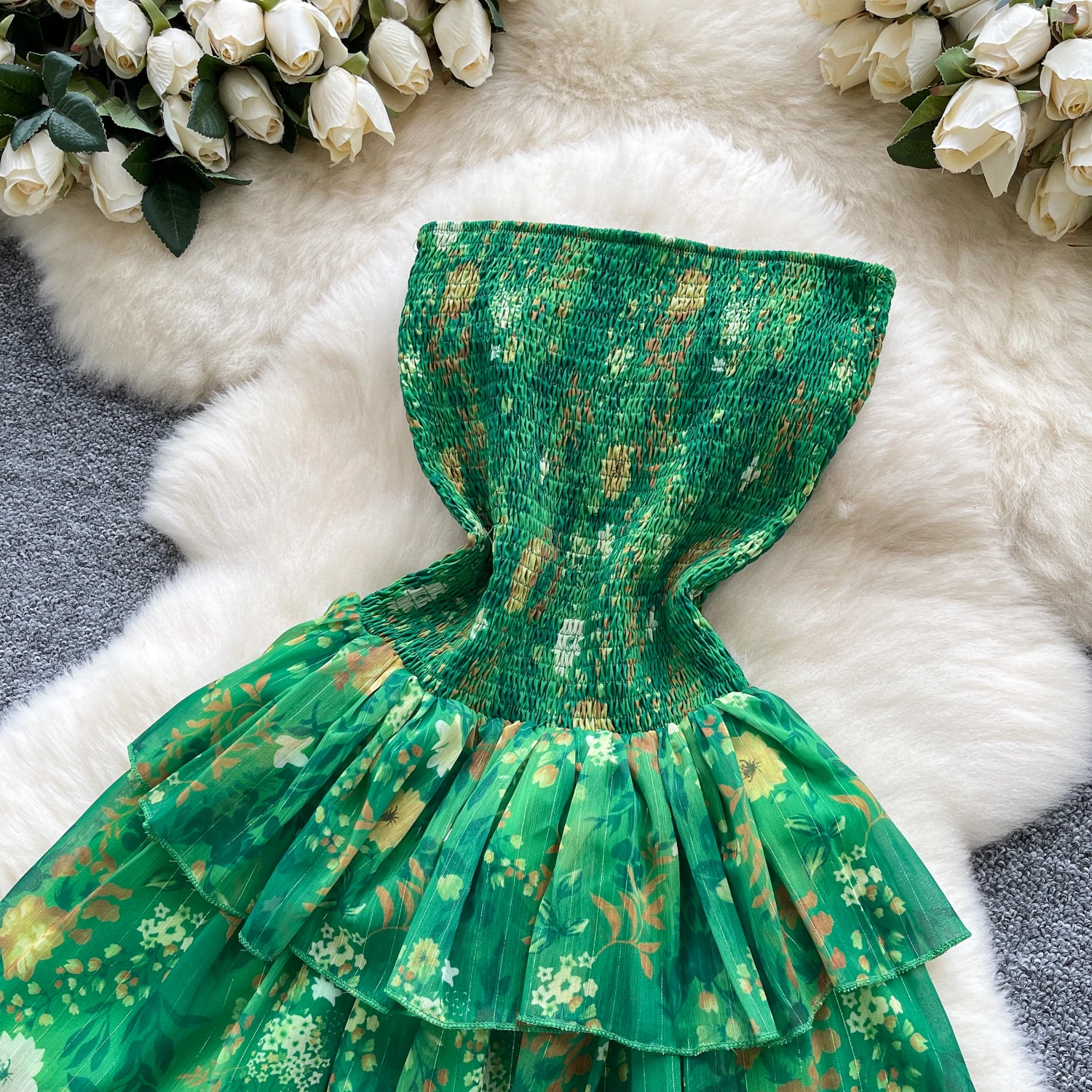 Vintage Boho plage vert robe longue femmes été sans bretelles sans manches dos nu robe à volants Sexy soirée robes d'anniversaire