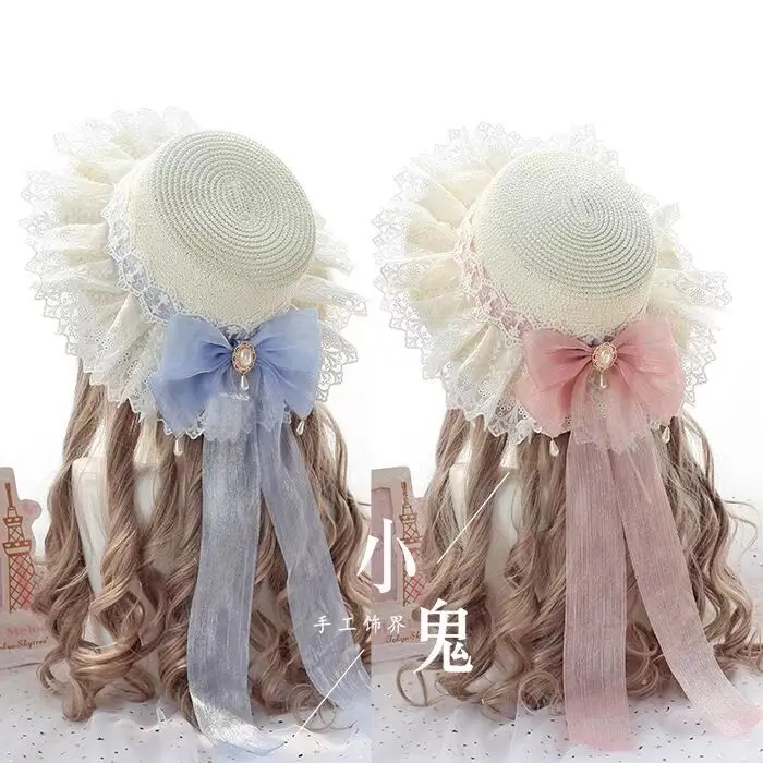 Lolita Straw Hat with Mermaid Iridescent Bow, Large Ribbon Streamers Lace Trim, Sweet Fairy UV Protection Sun Cap