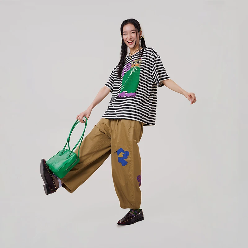 MOVEUP loose straight pants 2026 summer new cartoon embroidered pure cotton elastic waist casual Trousers for women 3ELX20107