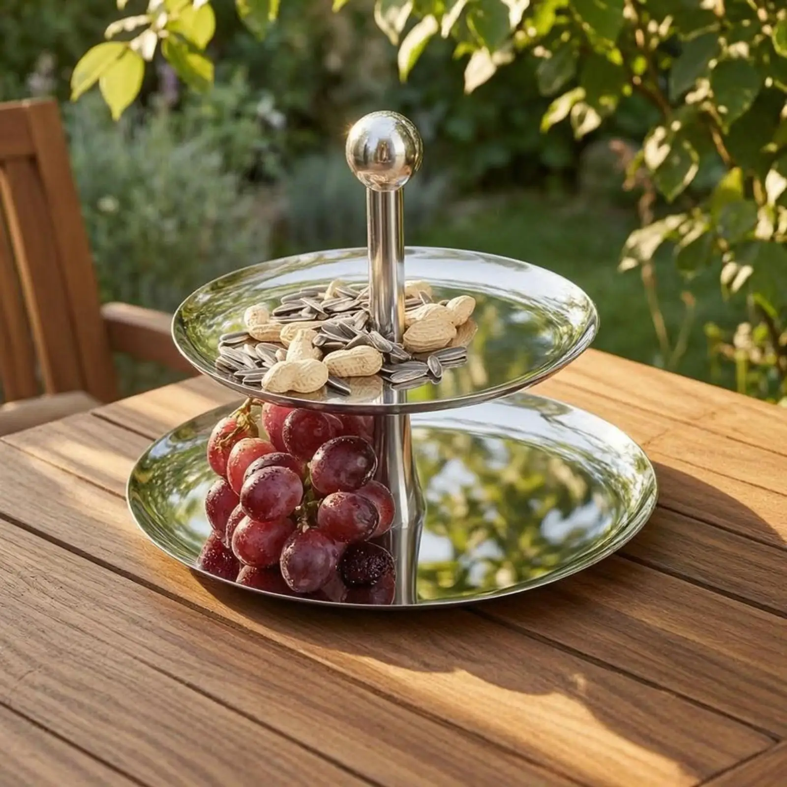 Two-Story Fruit Tray Polished Silver Stainless Steel Fruit Display Round Levels