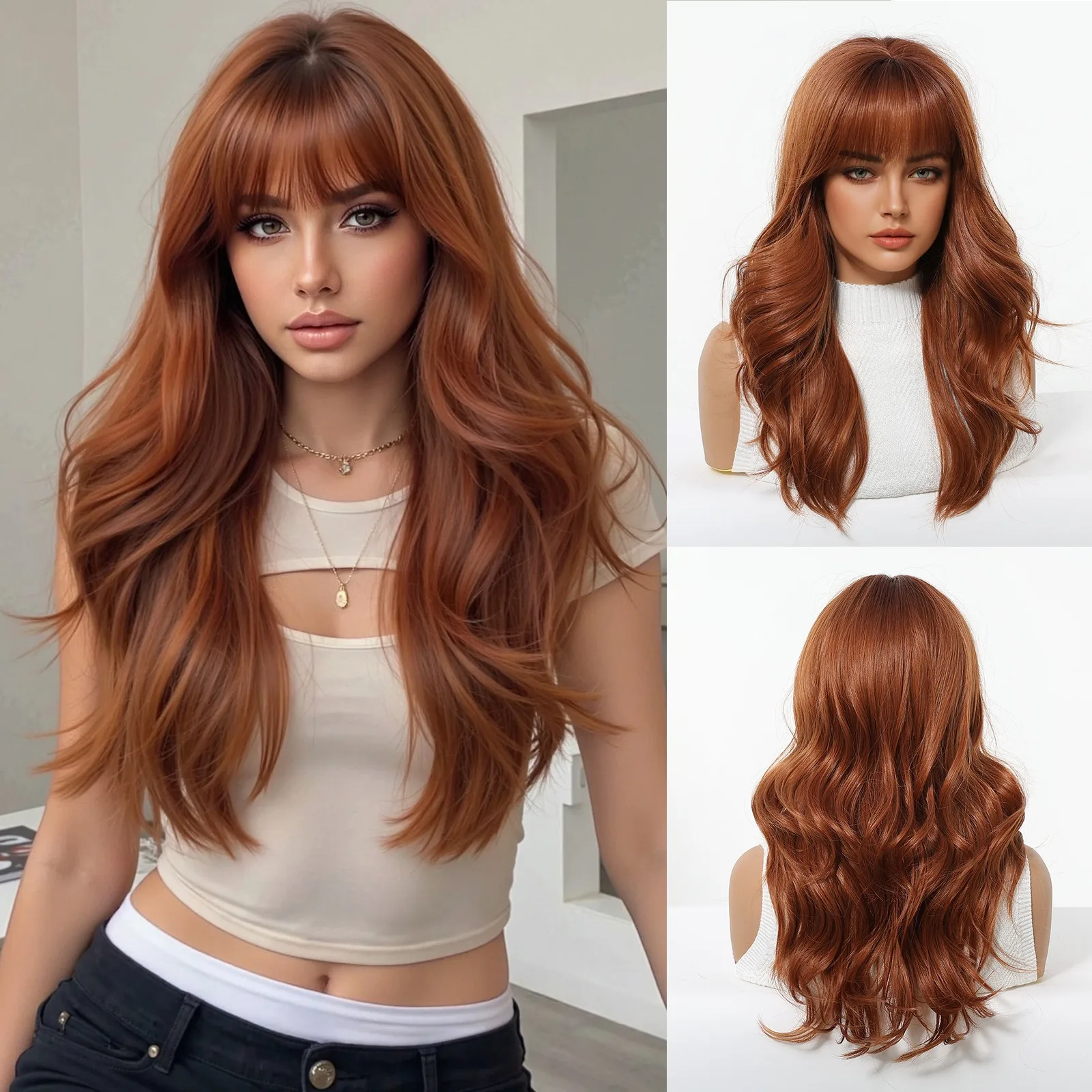

Elegant Brown Long Straight Layered Natural Synthetic Wig Women Daily Use Cosplay Hair with Bangs Heat Resistant Fiber Wigs
