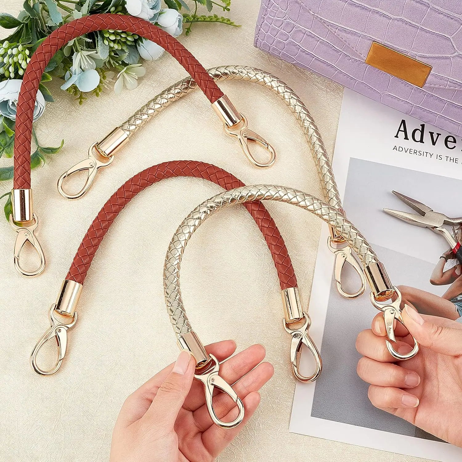 4pc Leather Braided Purse Handle 15.9In Leather Handbag Handle Replacement Shoulder Bag Strap Wallet Tote Strap with Gold Spring