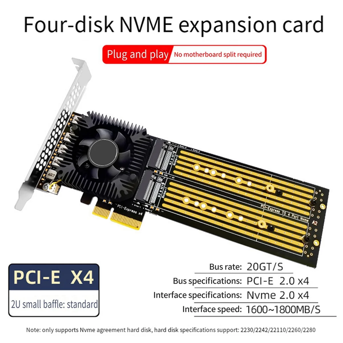 PCI-E X4 to 4 Expansion Card Multifunctional M.2 SSD to Pcie Split-Free 4-Port Array Adapter with Cooling Fan