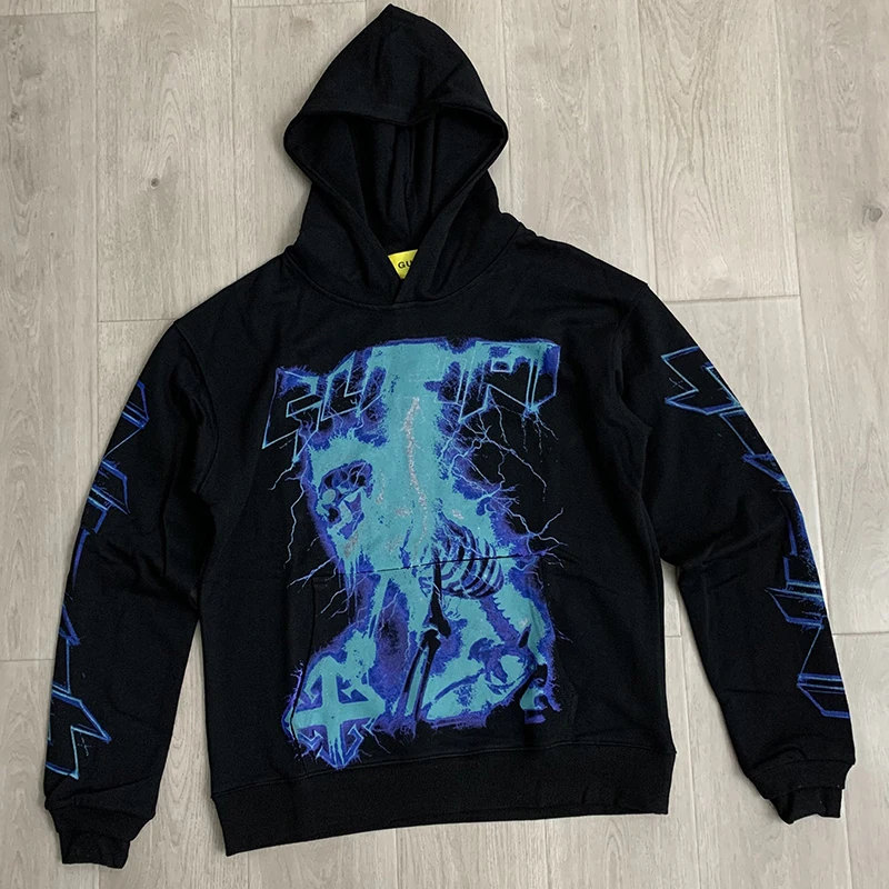 

Модная толстовка в уличном стиле с принтом молнии и черепа, с эффектом потертости, удлиненная, с длинными рукавами, повседневная свободная верхняя одежда