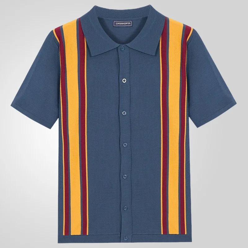 Men's Navy Color Block Striped Polo Shirt Short Sleeve Button Front Knit Slim Fit Casual Daily Streetwear Top