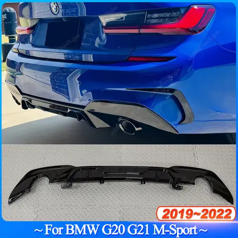 BMW 3 시리즈 G20 G21 320i 320d 330i 330d M-Sport 2019-2022 Pre-Lci 자동차 후면 범퍼 디퓨저 글로스 블랙 용 M 성능 스타일