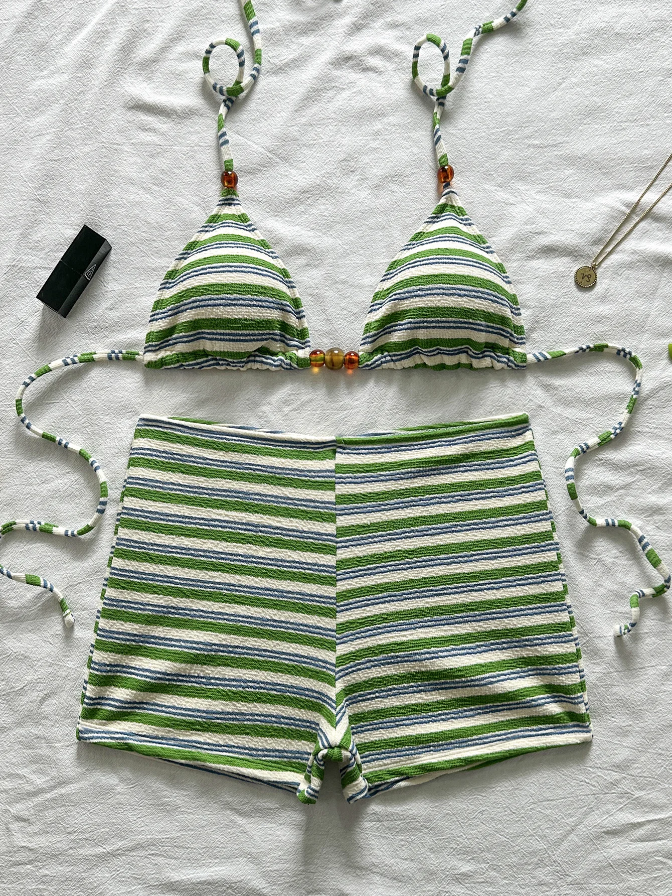 

Сексуальные вязаные полосатые бикини с завязками и бусинами, комплекты из двух предметов, шорты, купальники, пляжная одежда, купальный костюм, бикини, танкини