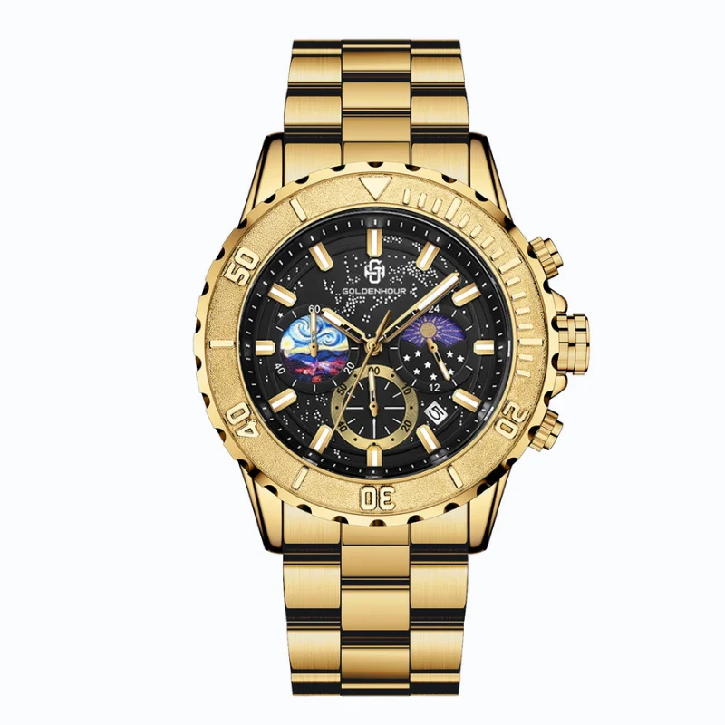 Quartz Watch for Man with 46mm Diameter and 14mm Thickness Independent Second and Minute Hands 5 O'clock Position Calendar 3ATM