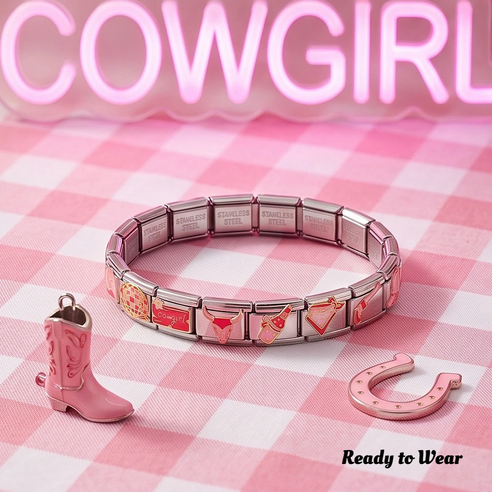 Cowgirl Western Theme Pre‑Styled Italian Module Bracelet Stainless Steel Disco Boot Cow Horn Print Link Fashion DIY Jewelry Gift