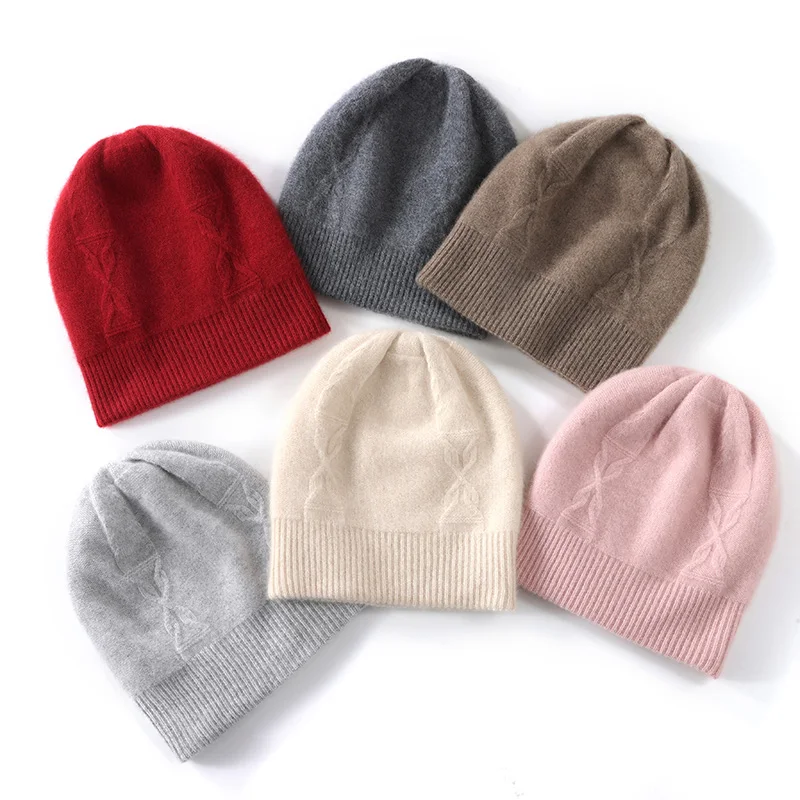 MVLYFLRT Women's 100% Pure Goat Cashmere Double-Layer Thick Knitted Hat Winter Warm Fashionable Jacquard Yarn Luxurious Soft Hat