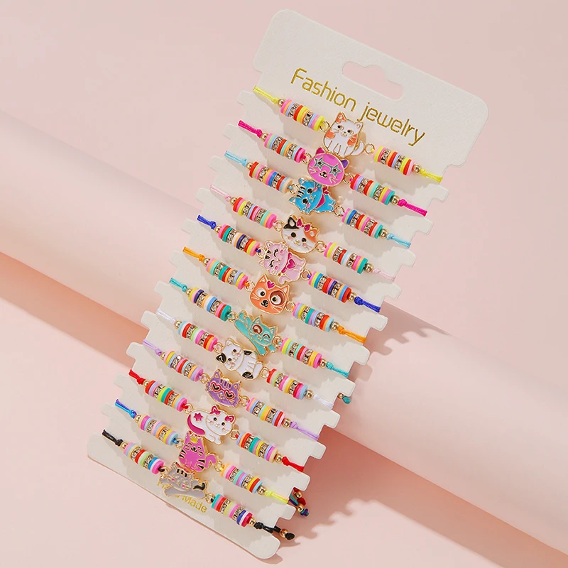 12 stks/set Kawai Leuke Kat Armbanden Verstelbare Koord Touw Leuke Dieren Bedelarmband voor Vrouwen Meisjes Dochter Sieraden Geschenken