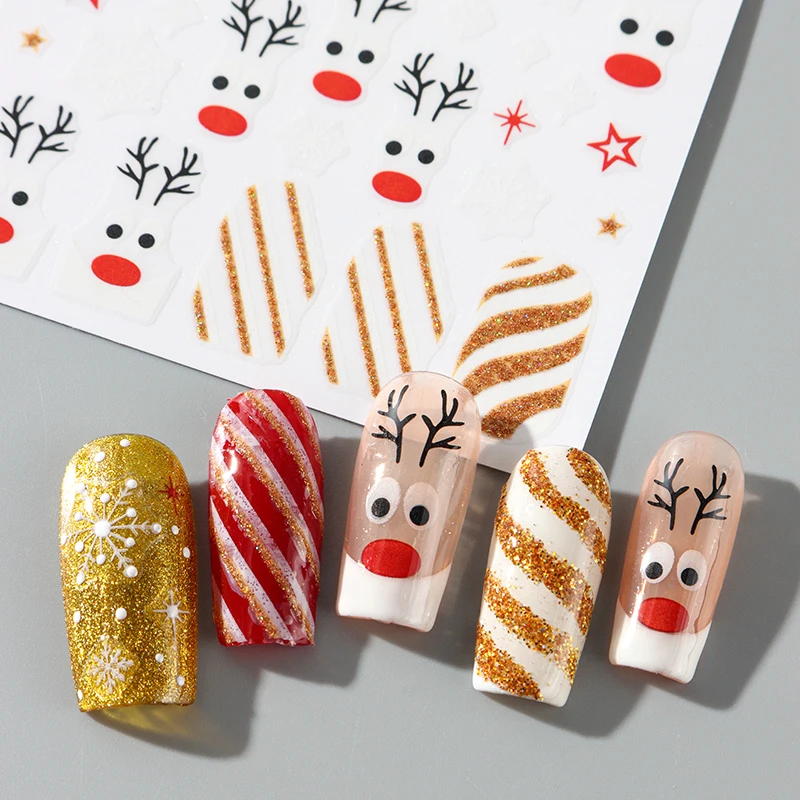 การ์ตูนคริสต์มาสสติกเกอร์เล็บน่ารักกวางเขากวางเกล็ดหิมะหัวใจลายกาวสติ๊กเกอร์กลิตเตอร์ปีใหม่สไลเดอร์ตกแต่งเล็บ