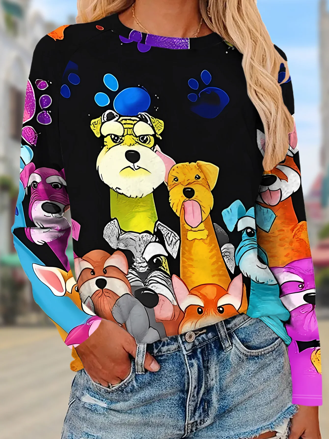 New Women Round Neck Long Sleeve T-shirt Colorful Cartoon Dog Puppy Street Print Casual Top Spring Autumn Ladies Daily Wear