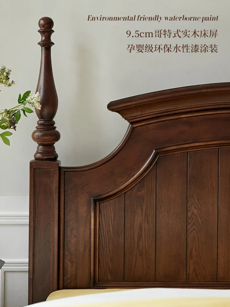 bed solid wood master bedroom light luxury bed retro furniture pillar bed