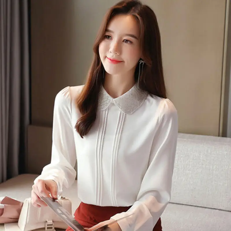 Fashion Peter Pan Collar Button Spliced Beading Folds Blouse Female Clothing 2022 Autumn New Loose Casual Pullovers Sweet Shirt