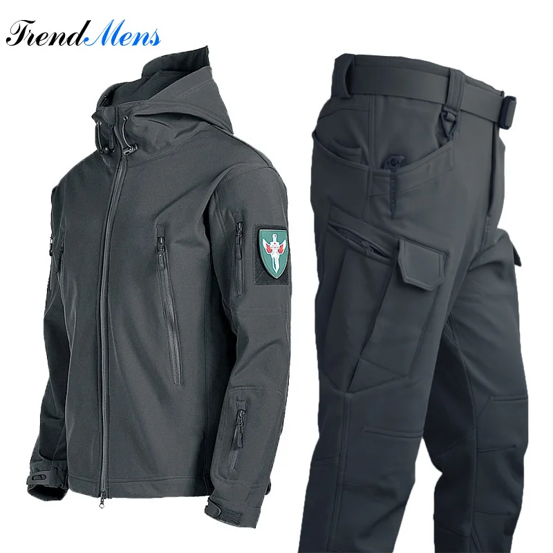 Men Fleece Waterproof Fishing Climbing Trekking Jackets Tactical SharkSkin Tracksuit Hiking Military Pants Hunt Camping Trousers