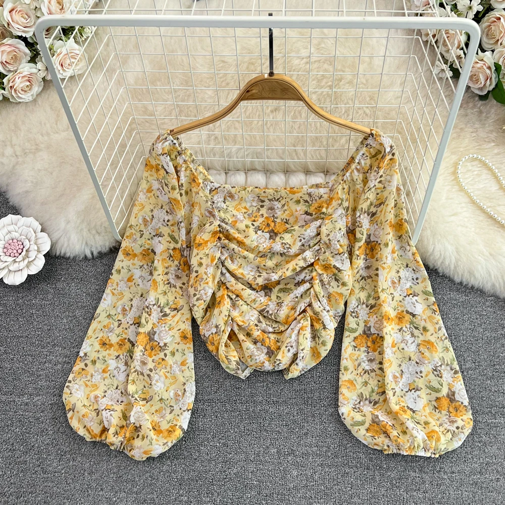 Lente Herfst Koreaanse Stijl Chiffon Shirt Temperament Vierkante Kraag Bladerdeeg Mouw Plooien Bloemen Alle-Geëvenaard Vrouwen Trui Blouse