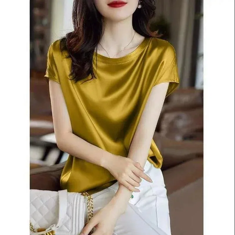 

Solid Color Women's Summer New Round Neck Short Sleeve Versatile Shoulder Bottom T-Shirt Crew Neck Lacetable Top