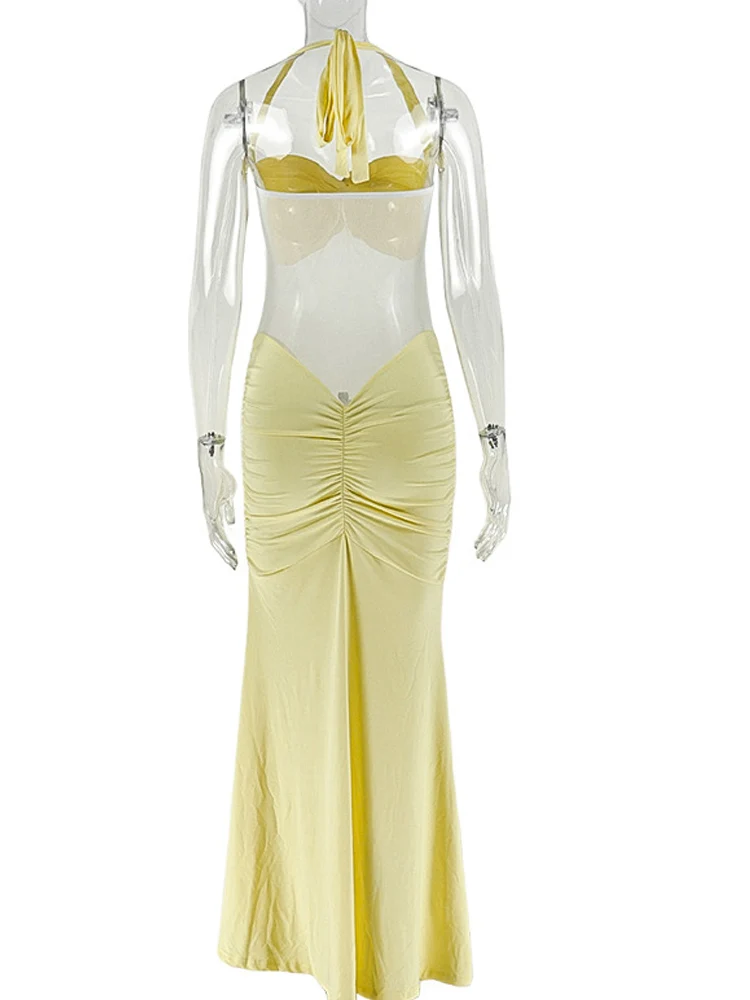 Beyprern 섹시한 여성용 옐로우 홀터넥 러치드 맥시 드레스 뉴 레이디스 매듭 프론트 시어 메쉬 바디콘 이브닝 파티 클럽웨어