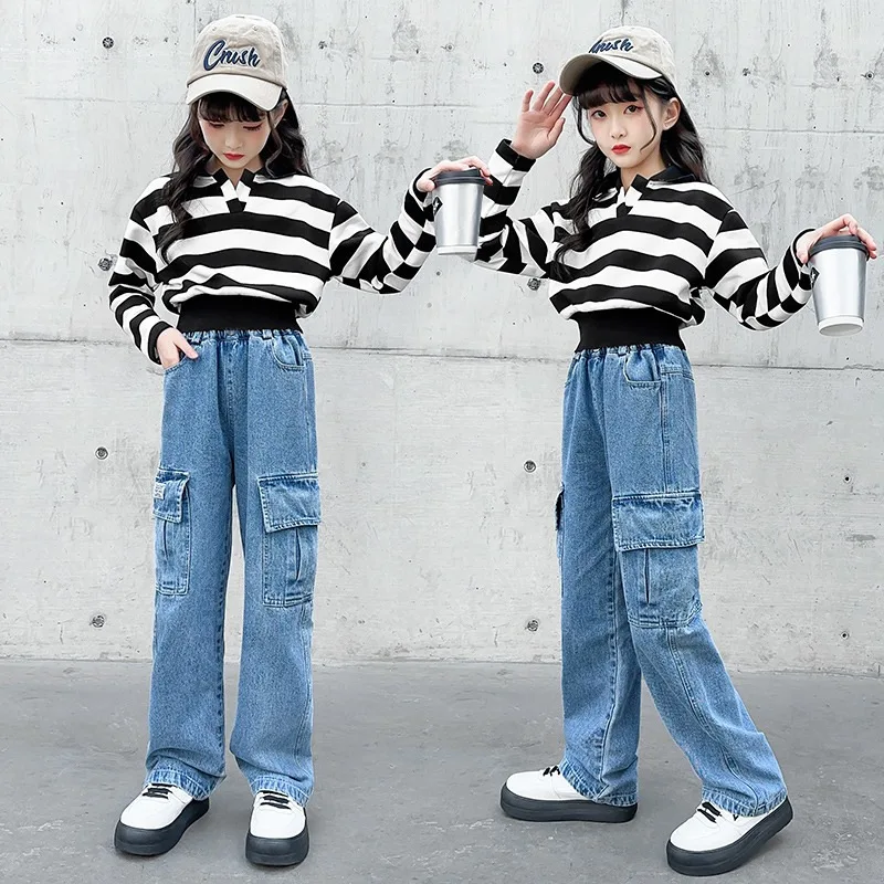 

Spring Autumn New Girls Jeans Embroidery Loose Pants For 3-12 Years Teen Girls Stylish Denim Wide Leg Pantsren's