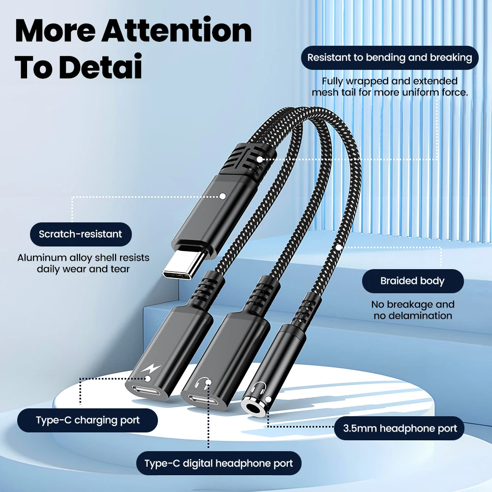 Type C Audio Adapter Cable 3in1 60W Fast Charging For iphone 15 16 Samsung Type C To Dual Type C/ 3.5mm Jack Earphone Splitter