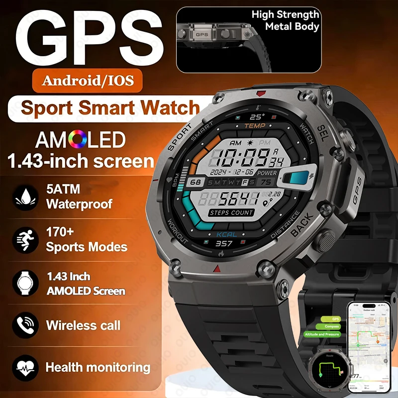 

2026 Fashionable GPS Waterproof Smart Watch Built-in 6-Band Satellite 1.43 Inch HD AMOLED Outdoor Sports Fitness Men Smart Watch