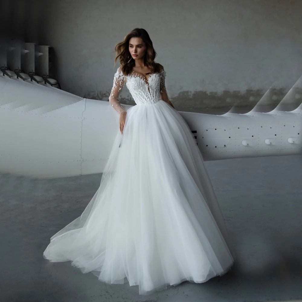 

Shiny Beaded Wedding Dresses Long Sleeve Illusion Back Flowers Customized Luxury Bride Gown свадебное платье