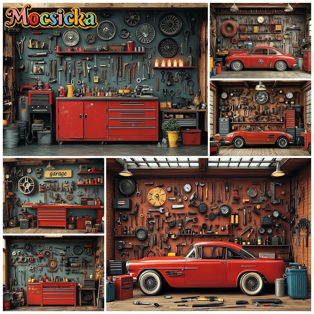 Workshop Tools Background - Mocsicka Red Classic Car Garage Photography