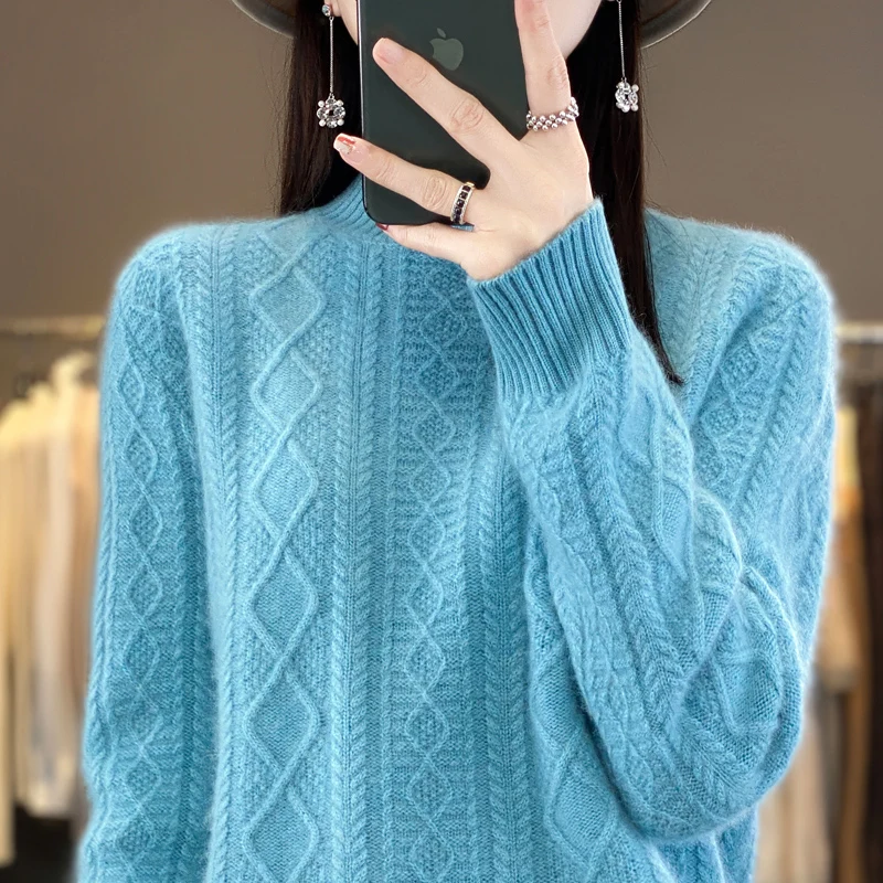 

2025 new pure wool thickened knitted flower bottom sweater, semi high neck autumn and winter women's high neck sweater