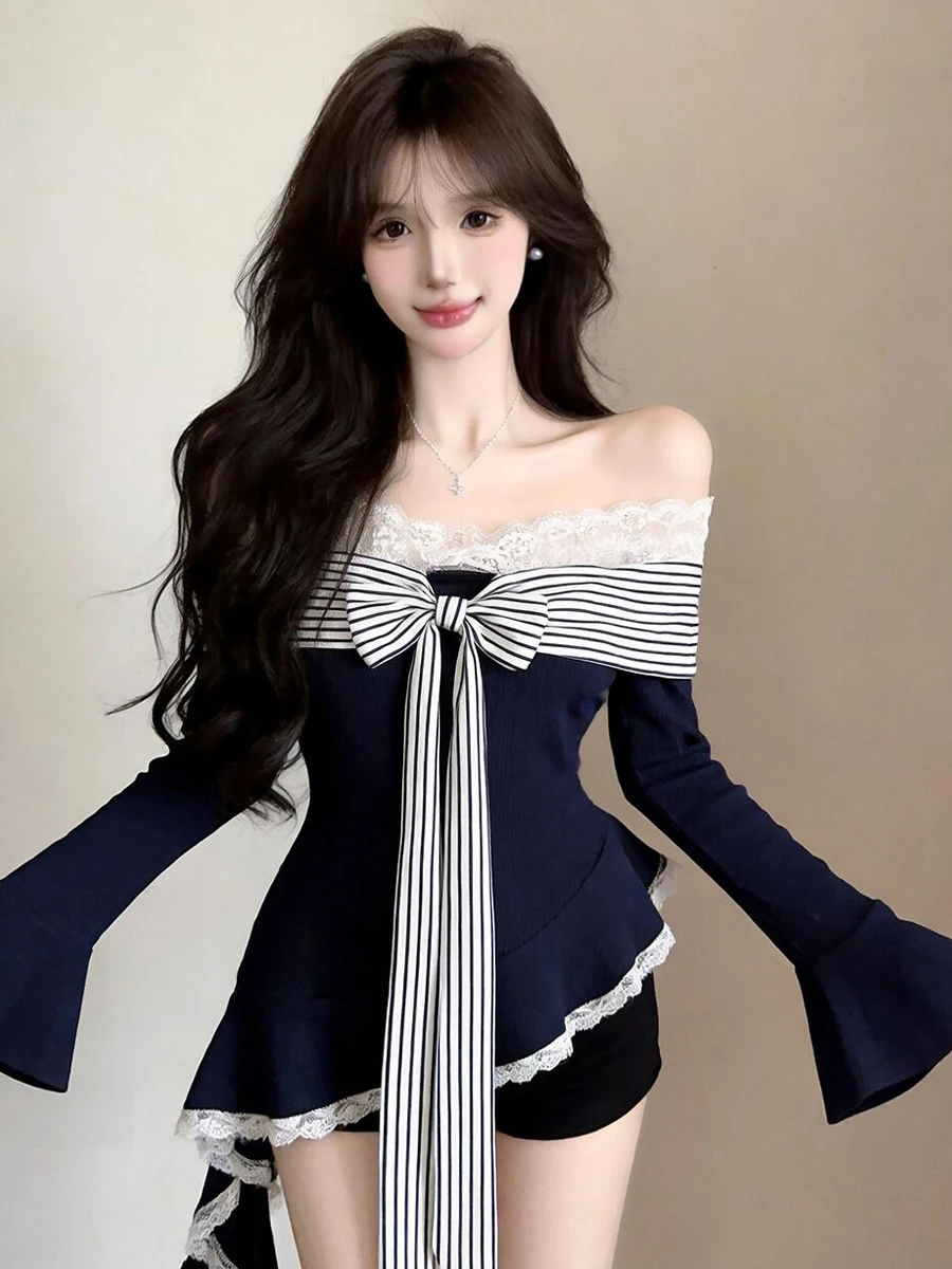 Sexy Striped Sleeve T-Shirt Bell Sleeve Asymmetrical Drifting Band Slimming Hoodie Girl's Long Sleeve Breathable Comfortable