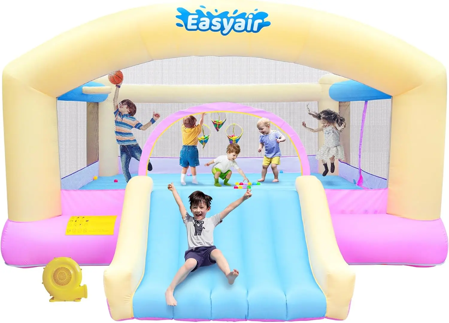 Casa de salto grande para crianças grandes, corrediça de salto inflável de 14,8 x 14,5 pés com ventilador de 650 W, cesta de basquete, bola de lançamento Ga