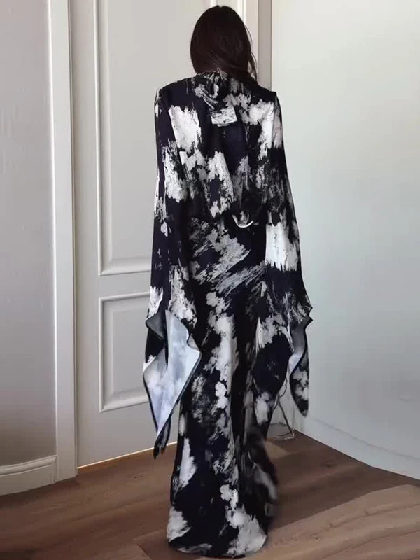 Ele Abito lungo a vita alta con stampa in raso Sve asimmetrico Dr for Important Ocns Abito lungo fino al pavimento con cintura snellente