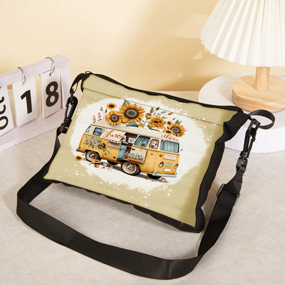 1pc Vintage Van Sunflower Print Crossbody Bag Beige With Floral And Van Design Shoulder Bags For Women Travel Shopping Casual Ev