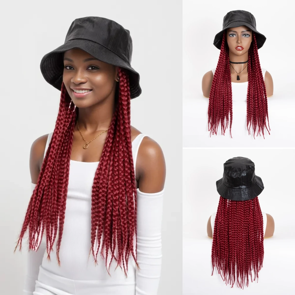 

WIGERA Ombre Black Bug Brown Long 24Inch Braided Synthetic Wig With Cap Braiding Braids Hair Extensions With Summer Bucket Hat