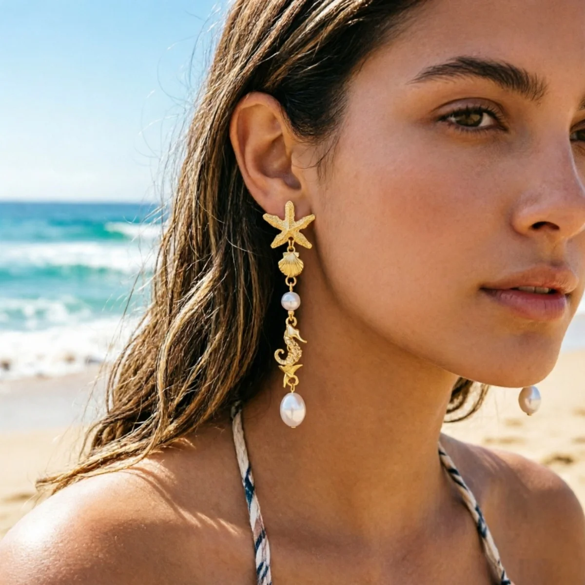 Ozean-Urlaub Seestern Muschel Seepferdchen Imitationsperlen Tropfenohrringe für Damen und Herren Böhmische Muschelohrringe Sommer Strand Schmuck – Detail 9