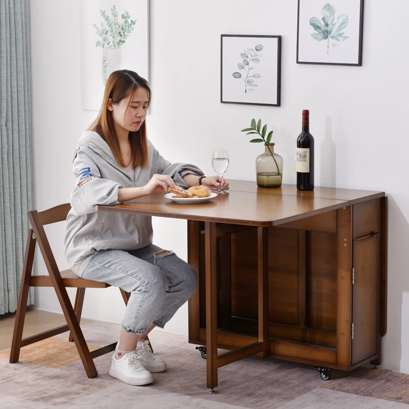 Folding dining table household small apartment dining simple modern movable rectangular solid wood dining and