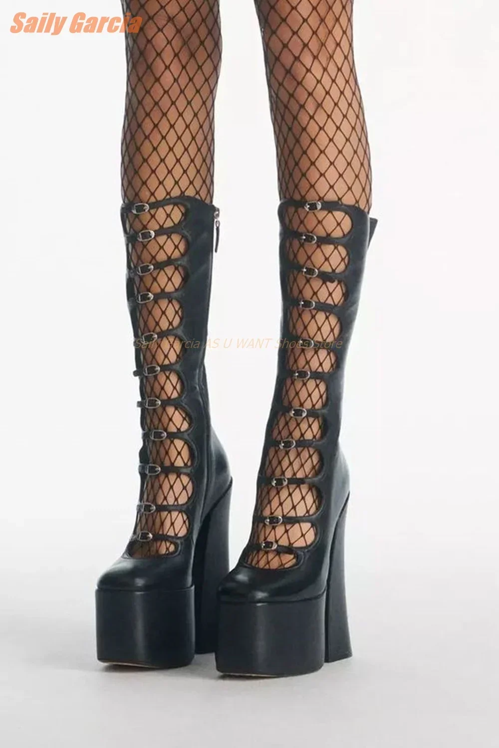 

Platform Strappy Chunky Sandals Solid Thick Women Summer Boots Sexy Party Women Shoes Metal Button Fashion Leather Shallow