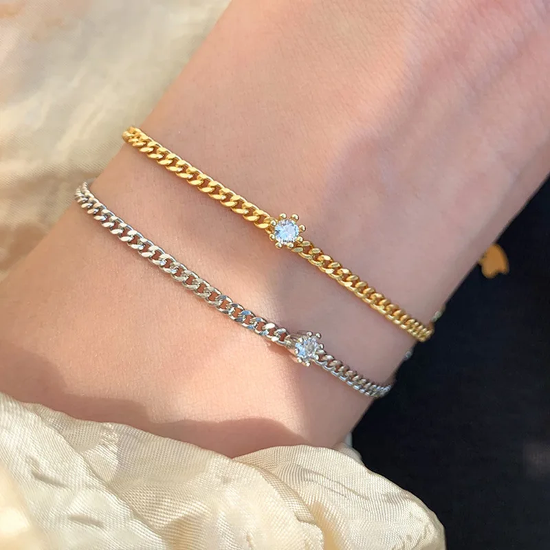 

925 Sterling Silver Single Diamond Bracelet for Women Girls INS Temperament Girlfriend Gift Gold Color Fine Jewelry Accessories