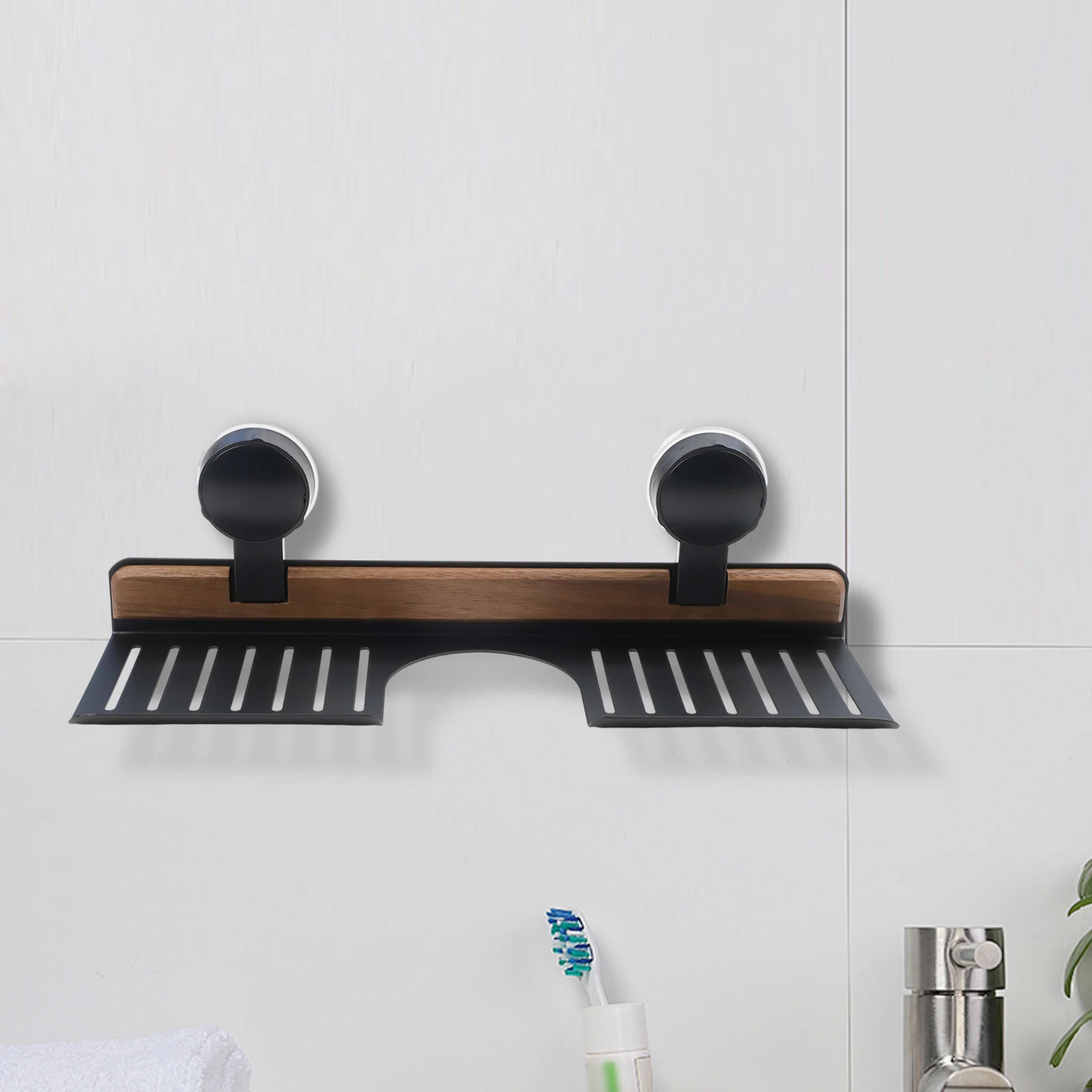 Bathroom Organizer Suction Cup Rack Space Saving Solution Elegant Wood Grain Powerful Vacuum Suction For Bathroom