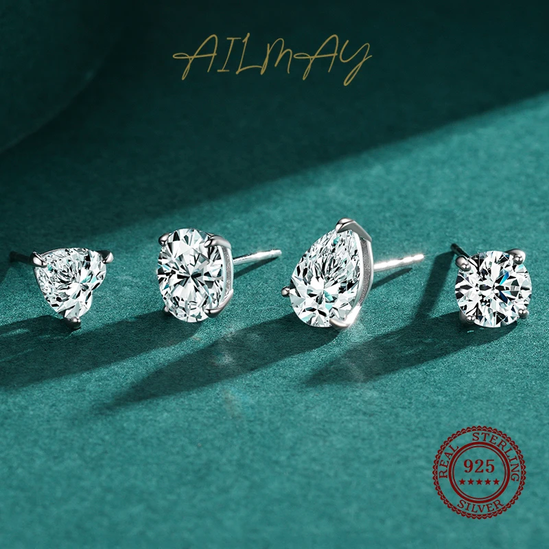Ailmay Hot Sale Classic 925 Sterling Silver Round Clear Zircon Stud Earrings For Women Wedding Engagement Fine Female Jewelry 5