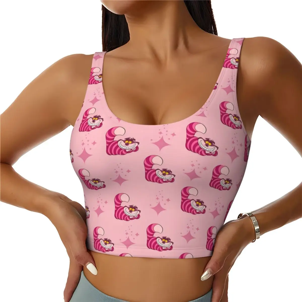 

Custom Cheshire Cat Cartoon Sports Bra for Women Alice in Wonderland High Impact Workout Yoga Crop Top
