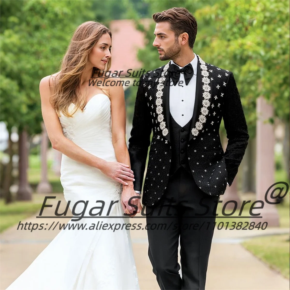 Luxury Black Mens Suits Shiny Rhinestone Accessories Solid Color Shawl Lapel Groom Wedding Tuxedos 3 PCS Sets Male Prom Blazers