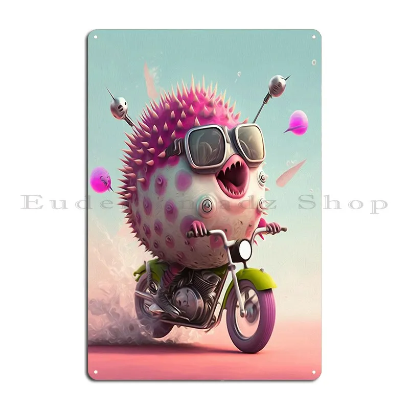 Puffer Fish On Motorcycle Metal Plaque Painting Design Cinema Designing Kitchen Tin Sign Poster