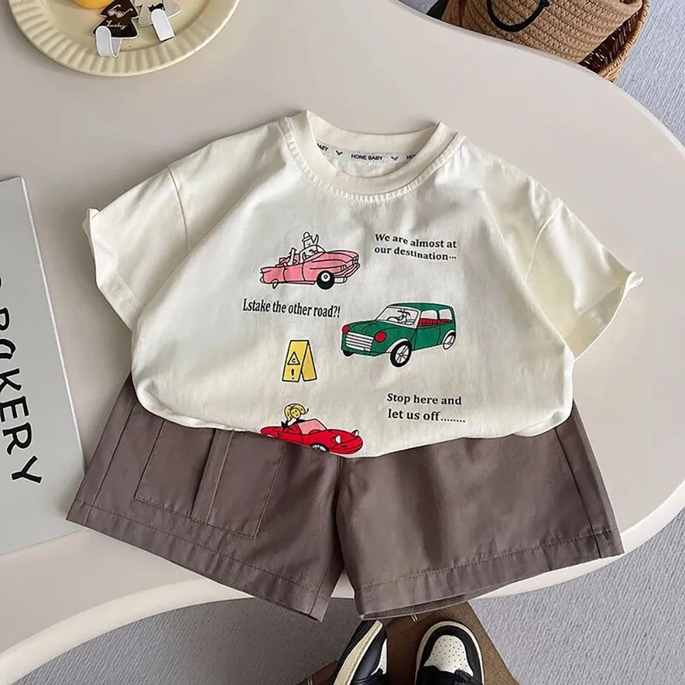 

Cute Cartoon Car Print Boys T-Shirt+Shorts 2Pcs Summer Casual Loose Children Clothes Sets Kids Boys Thin Tees Shorts Outfit