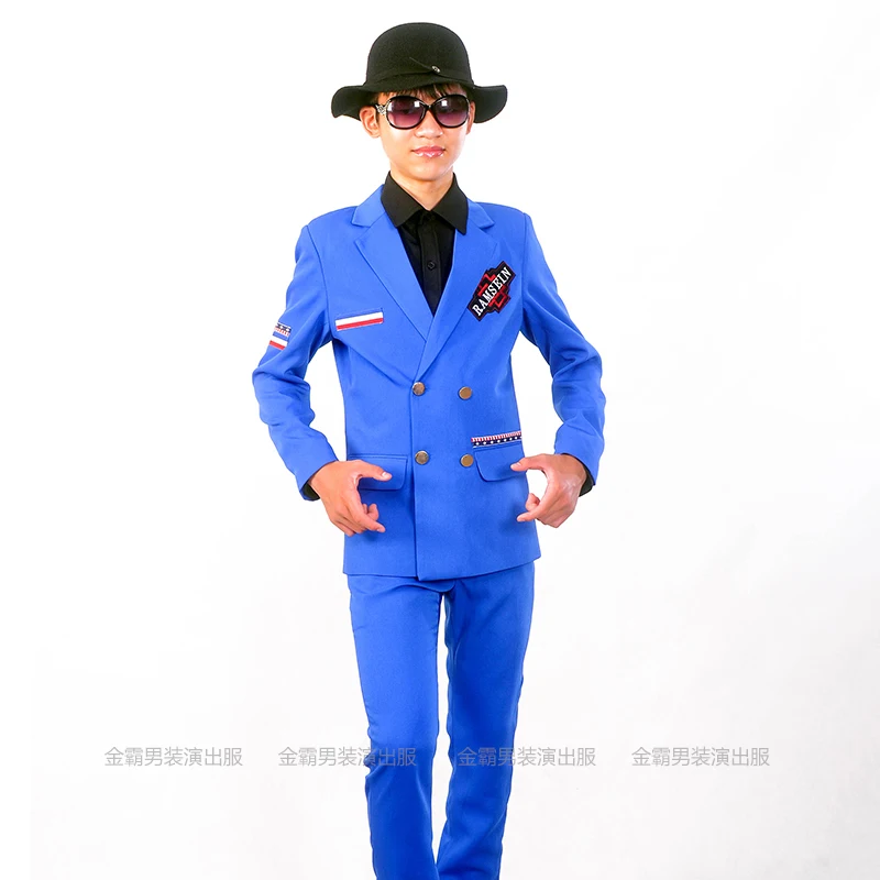 

Classic Blue Double Breasted Stripe Letter Embroidery Slim Suit Coat+Pant 2PCS/Set Male Singer Host Stage Performance Costume