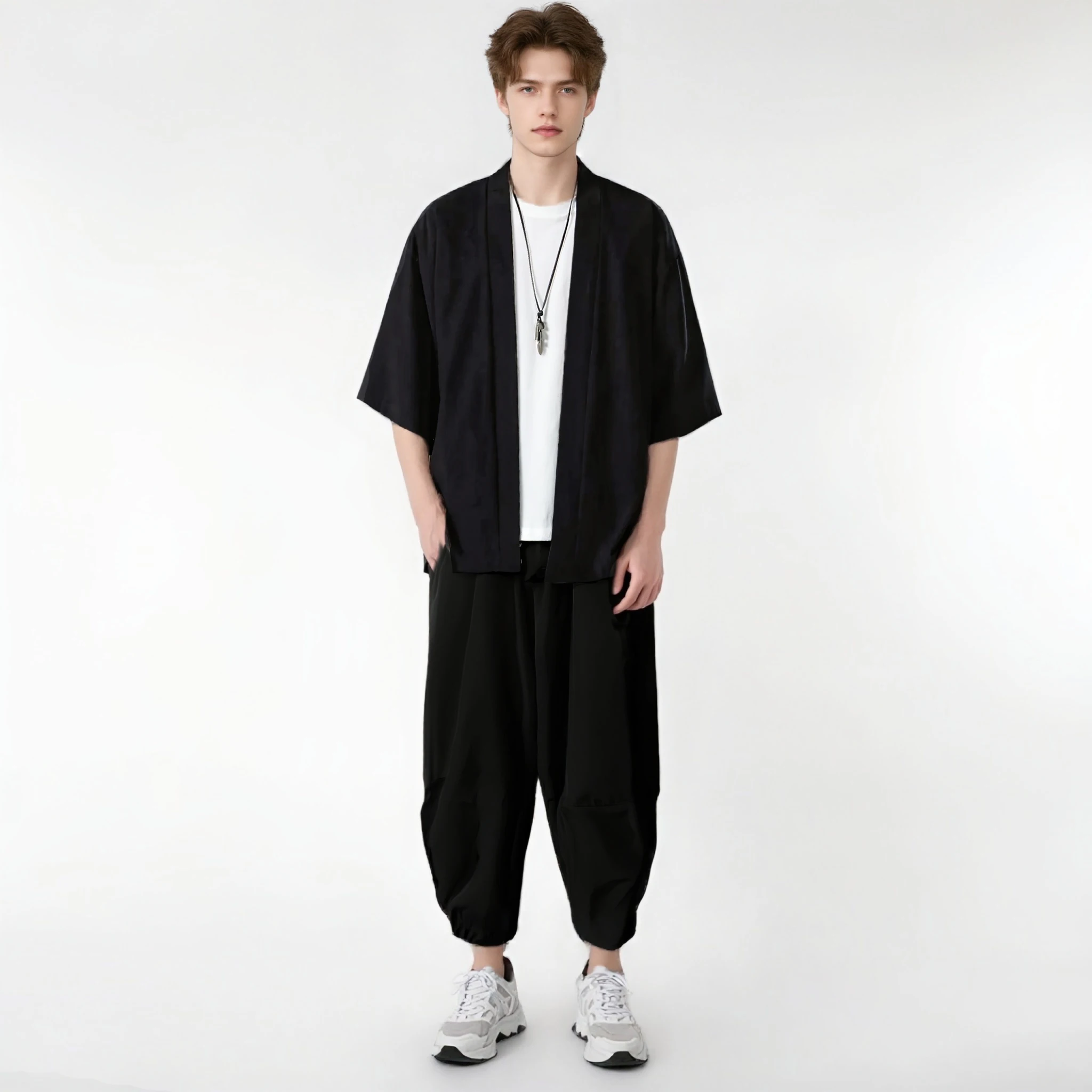 

Лето Haori для мужчин унисекс кимоно мужской плащ кимоно SET Para Hombre черное пальто 9-точечные брюкиОдежда плащ пляжная рубашка японские мужчины