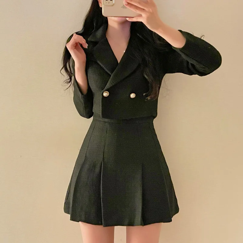 

Chic ort Bouffant Skirt And Jaet Two-Piece Set for Women Autumn Winter Korean Sle Small Fraance Sle Quali Top Bot...