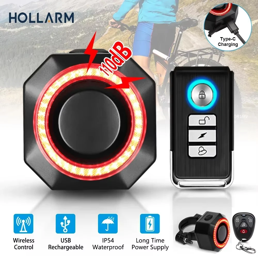 Hollarm จักรยานสัญญาณกันขโมยไฟท้ายกันขโมยชาร์จ USB ไฟจักรยานสมาร์ทเบรก Sensing รีโมทคอนโทรลจักรยานปลุกไฟท้าย