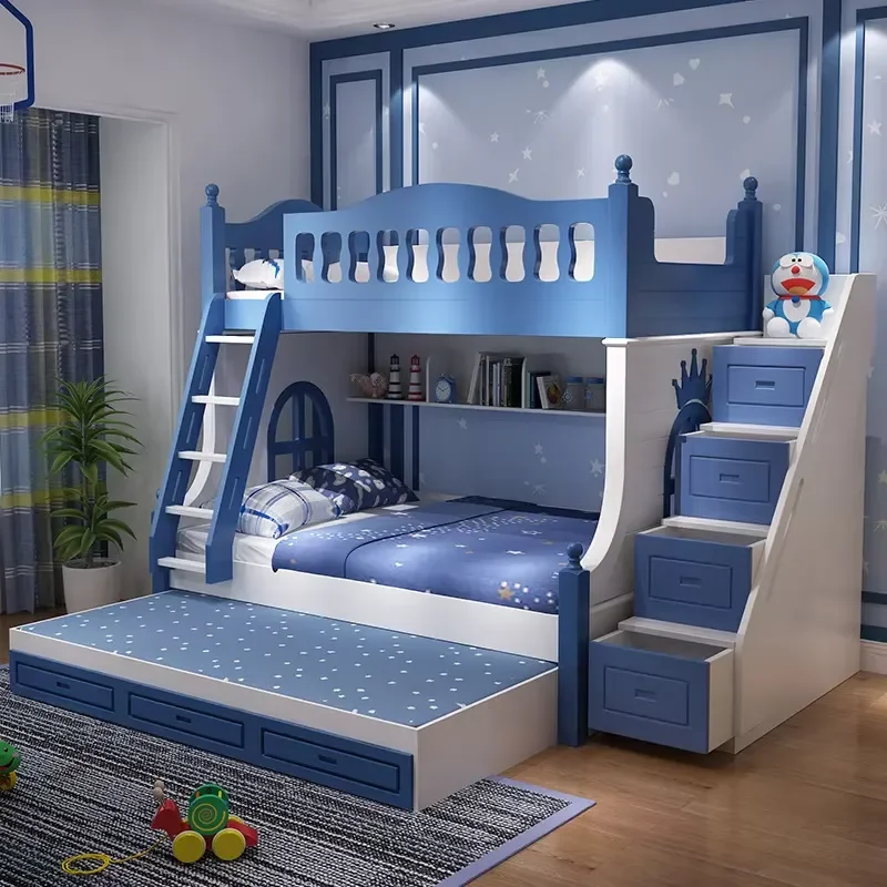 High Safety Solid Wood Kids Bunk Bed with Storage Staircase Underbed Drawers and Ladder Luxury Gift for Boys and Girls